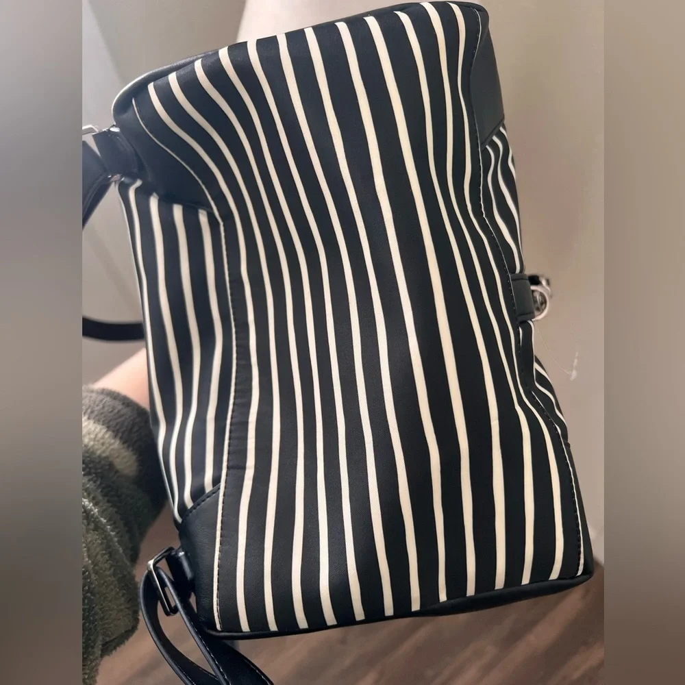 Stella & Dot Black & White Stripe Convertible Backpack Tote | Vegan Leather